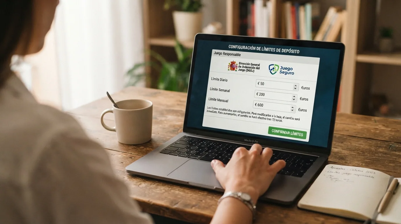 Pantalla de configuración de límites de depósito de un casino con licencia DGOJ, con los campos de límite diario, semanal y mensual visibles y el botón de confirmación
