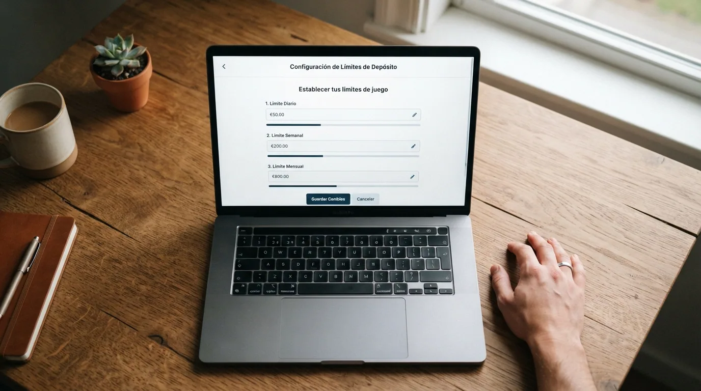 Panel de configuración de límites de depósito en la cuenta de un casino online español, con los campos de límite diario, semanal y mensual