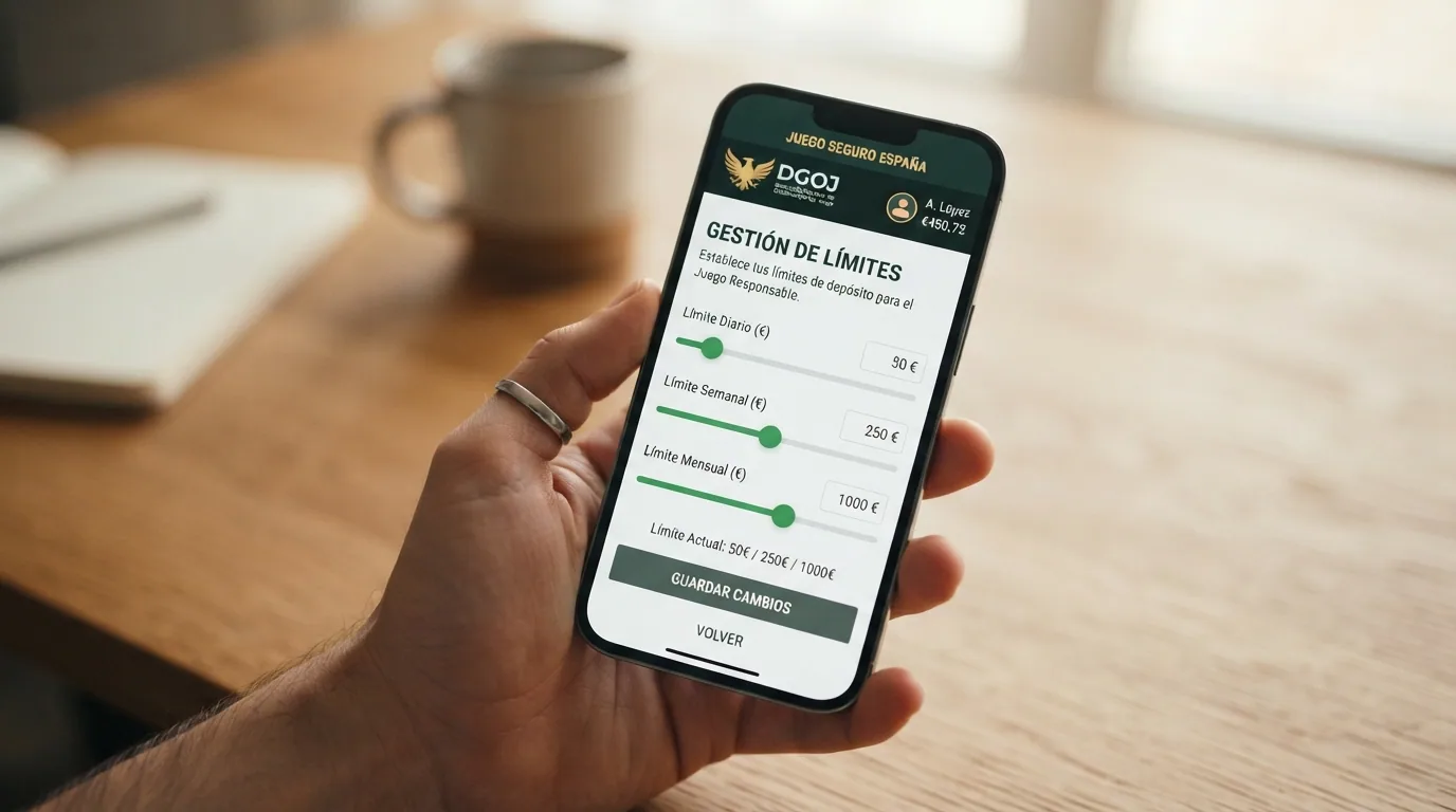 Teléfono móvil con la pantalla de configuración de límites de depósito de un casino DGOJ