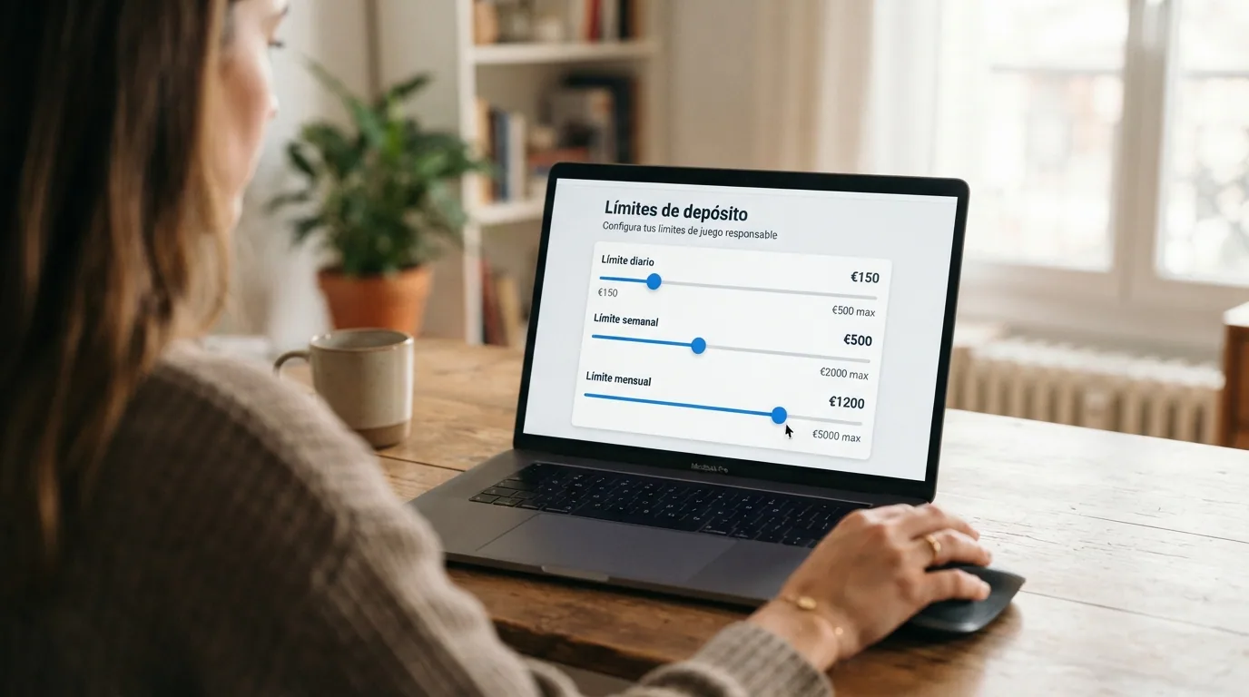 Interfaz de configuración de límites de depósito en la pantalla de un ordenador portátil, con deslizadores para límite diario, semanal y mensual
