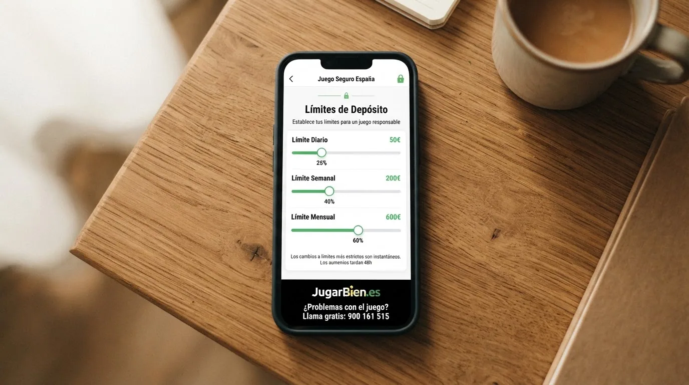 Un teléfono móvil con la pantalla mostrando la sección de límites de depósito de un casino con licencia DGOJ: tres deslizadores para límite diario, semanal y mensual, y el número 900 161 515 visible en la parte inferior