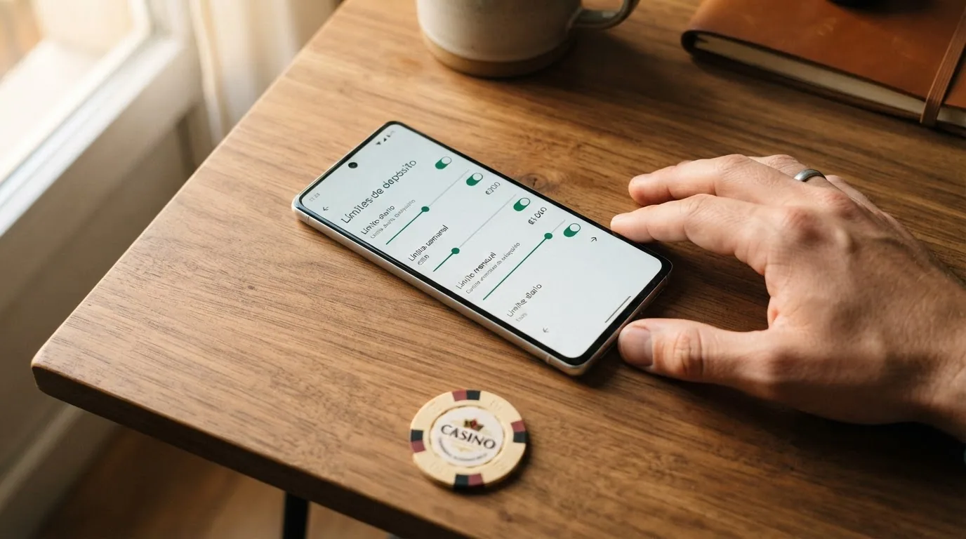Teléfono móvil mostrando la pantalla de configuración de límites de depósito, pérdida y tiempo de sesión en un casino online español