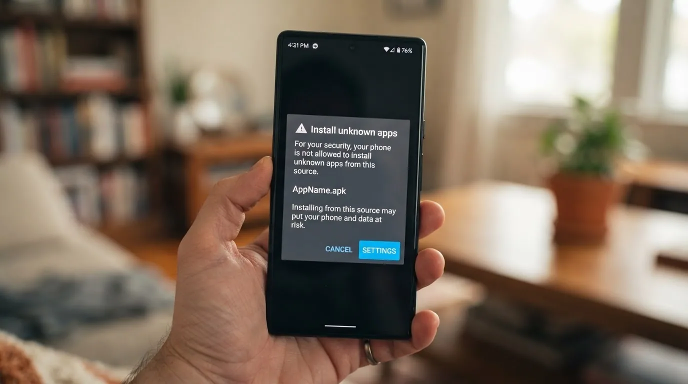 Teléfono Android mostrando el aviso del sistema de instalación desde orígenes desconocidos y el archivo APK del casino listo para instalar