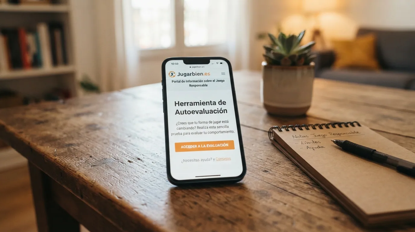 Captura del portal Jugarbien.es con sus herramientas de autoevaluación visibles, junto al teléfono de ayuda de FEJAR en primer plano