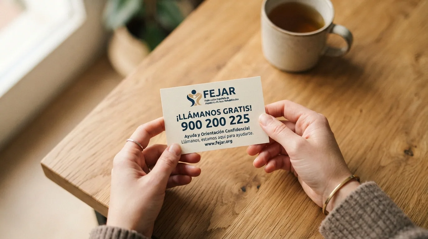 Tarjeta con el número 900 200 225 de FEJAR y el logotipo de la federación sobre un fondo sobrio, acompañada del texto «línea gratuita y confidencial»