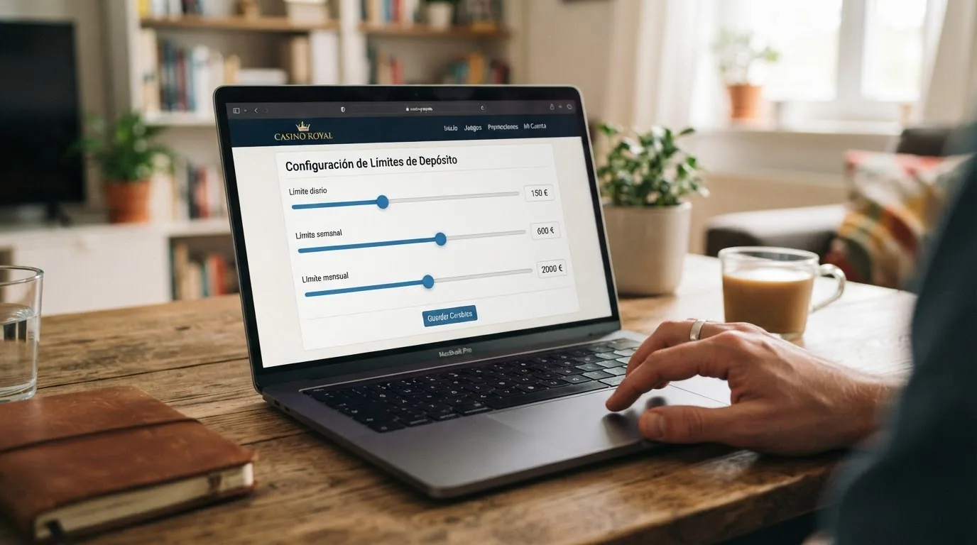 Pantalla de configuración de límites de depósito en un casino online español con los controles deslizantes de límite diario, semanal y mensual