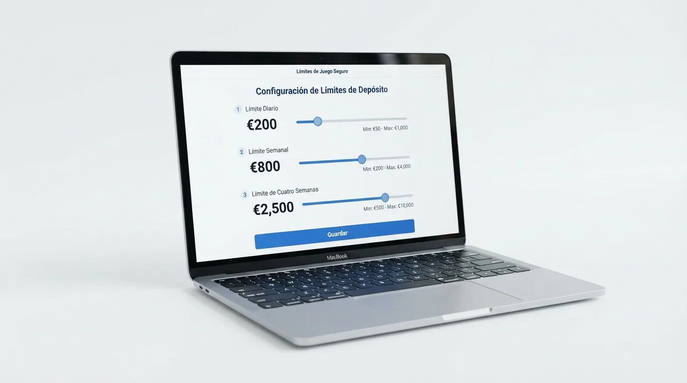 Interfaz del panel de configuración de límites de depósito de un operador con licencia DGOJ mostrando los umbrales diario, semanal y por período de cuatro semanas.