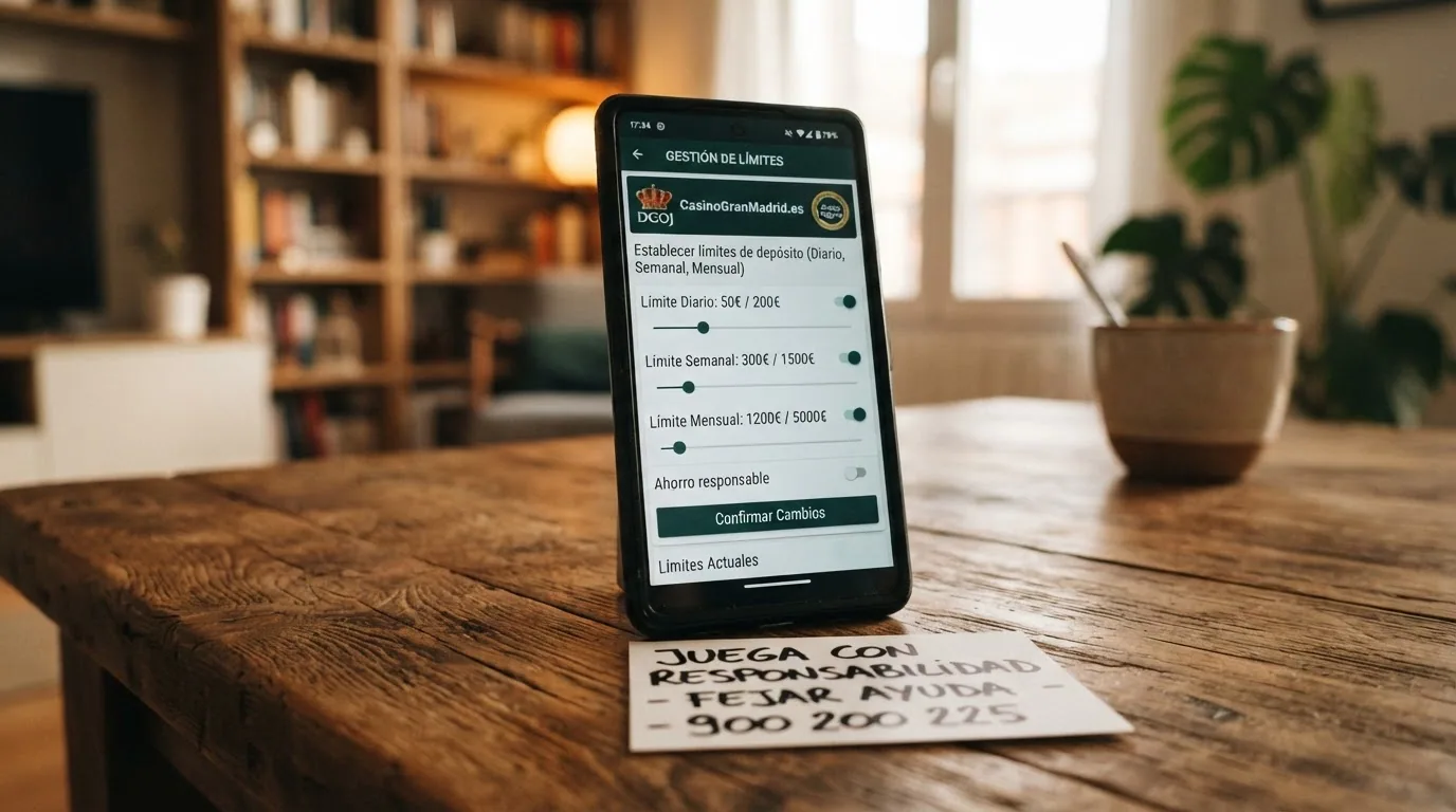 Teléfono Android con la pantalla de ajustes de límite de depósito de un casino DGOJ y el número 900 200 225 de FEJAR visible en la parte inferior