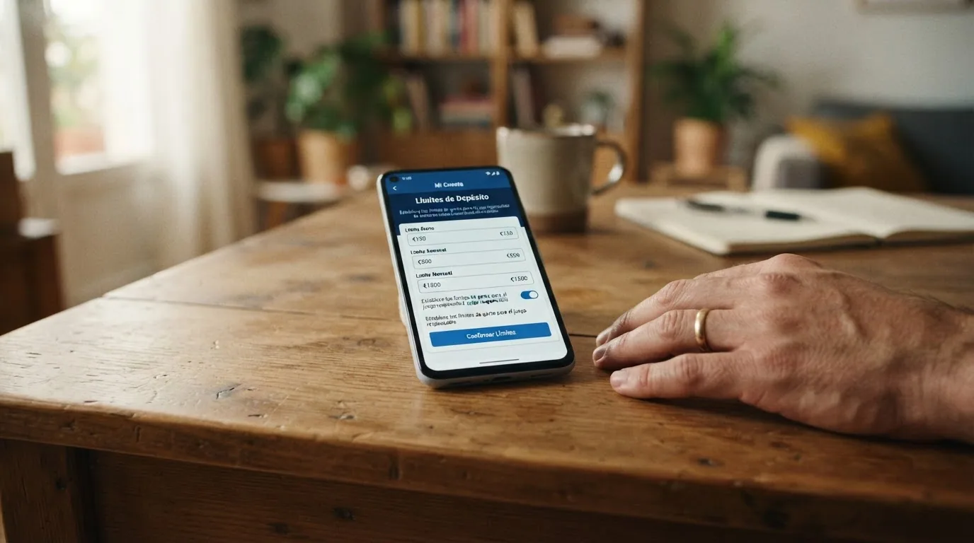 Pantalla de configuración de límites de depósito en la app de un casino español, con los campos de límite diario, semanal y mensual visibles