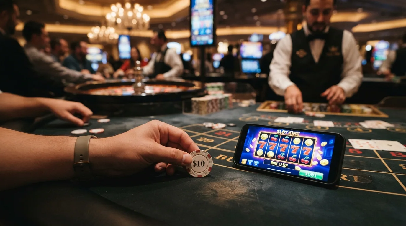 Una cuadrícula con portadas de slots junto a una mesa de ruleta en vivo con un crupier real y una mano de blackjack en primer plano