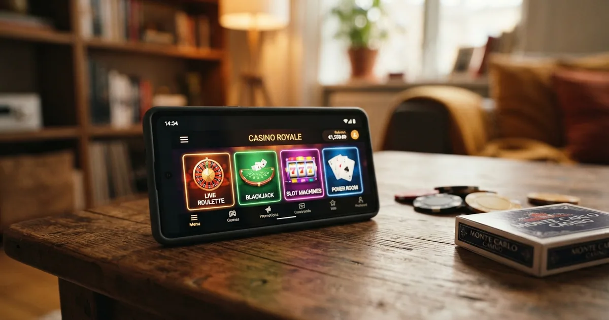 Teléfono Android mostrando el lobby de juegos de un casino online con fichas de ruleta y cartas de blackjack visibles en la pantalla táctil