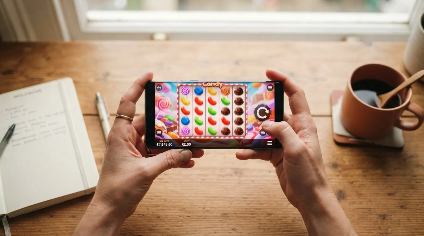 Manos de un jugador sosteniendo un teléfono en horizontal con Sweet Bonanza en pantalla, primer plano de los dedos sobre la interfaz de apuesta