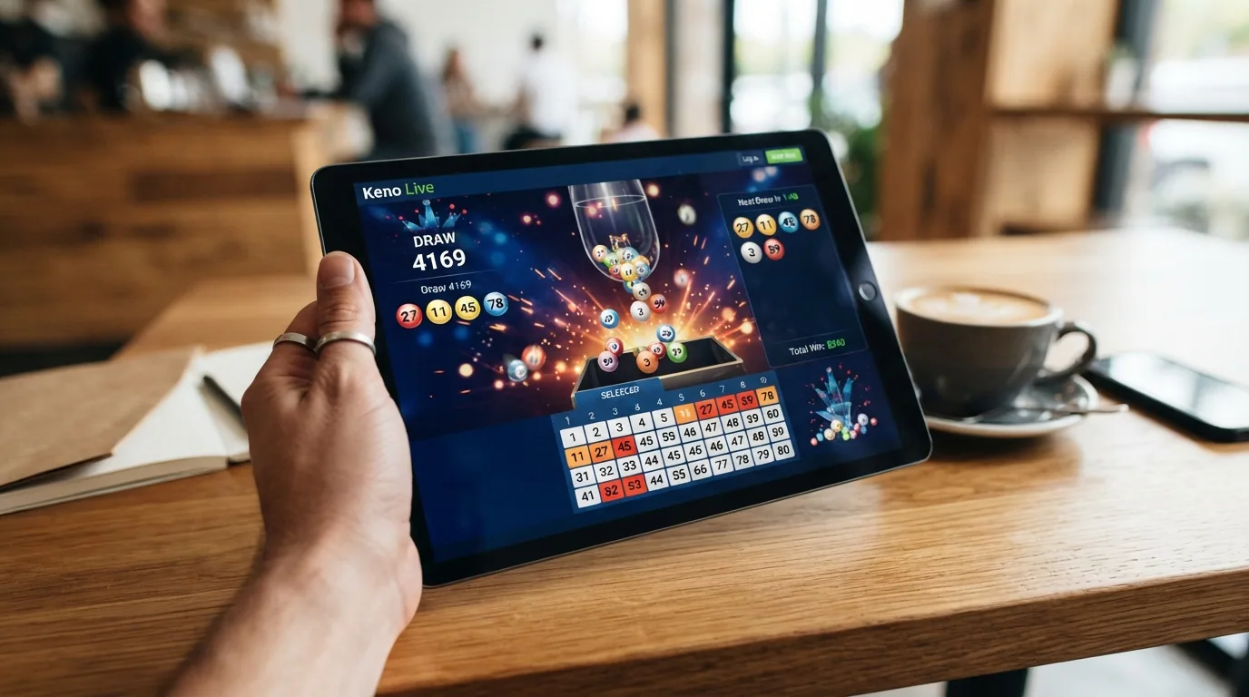 Interfaz de un keno con presentación en vivo en una tableta: números saliendo en pantalla con efectos visuales dinámicos
