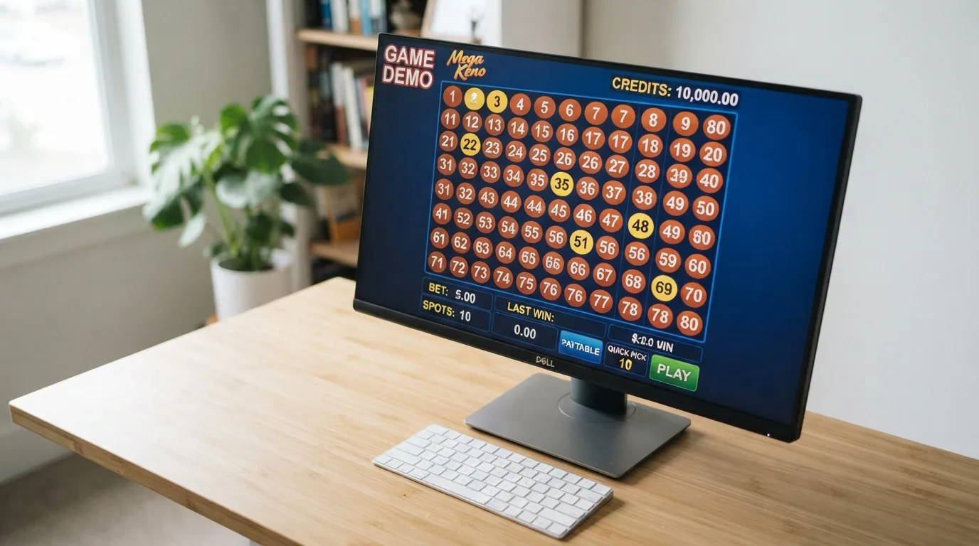 Pantalla de ordenador con un título de keno en modo demo, el contador de crédito ficticio visible y la palabra «DEMO» en una esquina