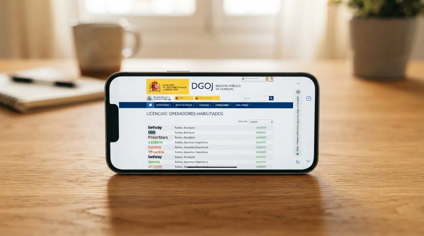 Una captura de pantalla del registro público de operadores de la DGOJ en ordenacionjuego.es mostrando varias licencias activas con el dominio .es visible en la barra de direcciones
