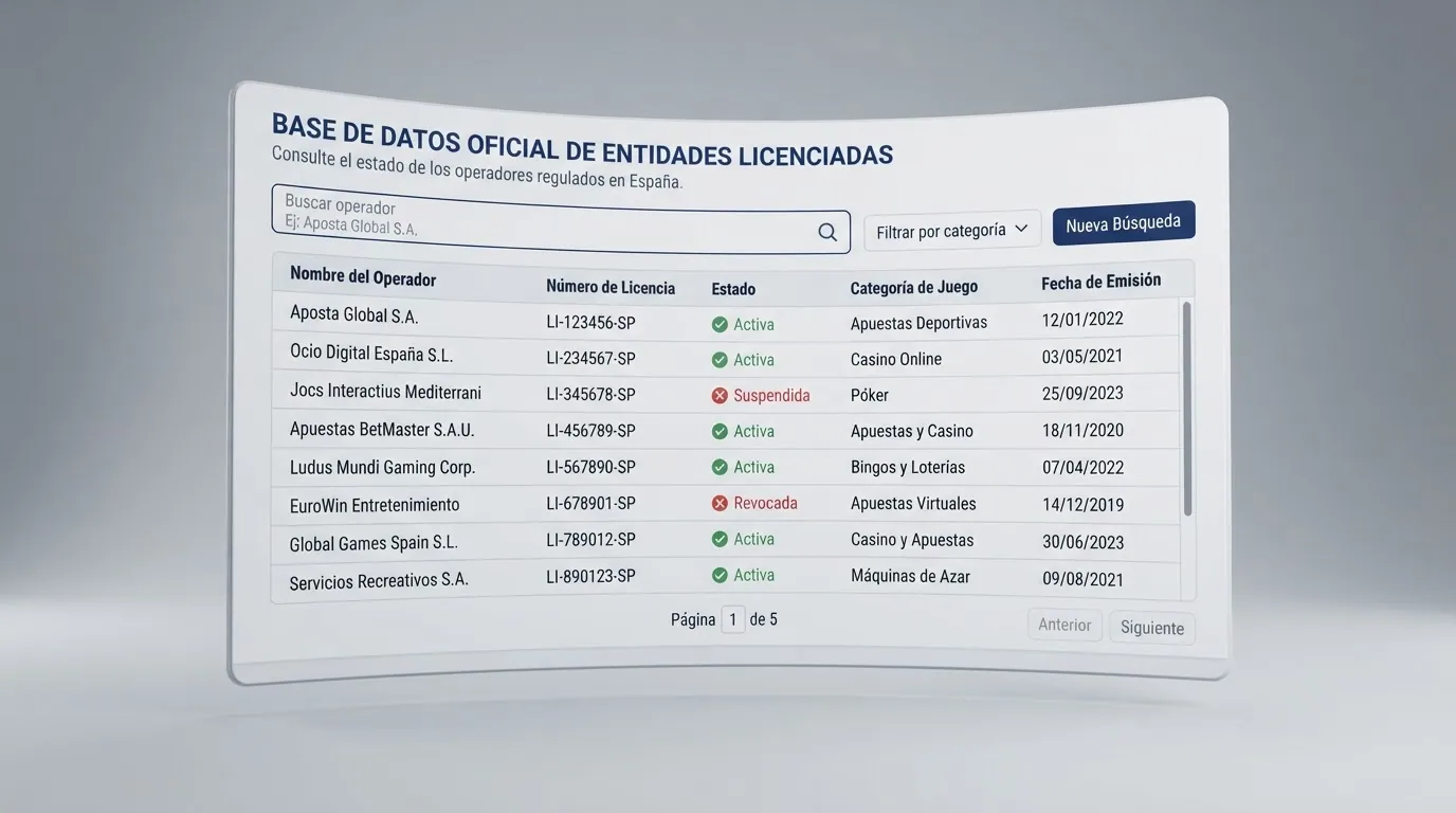 Captura de pantalla del registro público de operadores de la DGOJ en ordenacionjuego.es con el campo de búsqueda y varios operadores listados