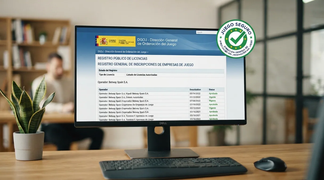 Pantalla del registro público de la DGOJ en ordenacionjuego.es mostrando la ficha de un operador habilitado, con el sello de Juego Seguro visible en la esquina