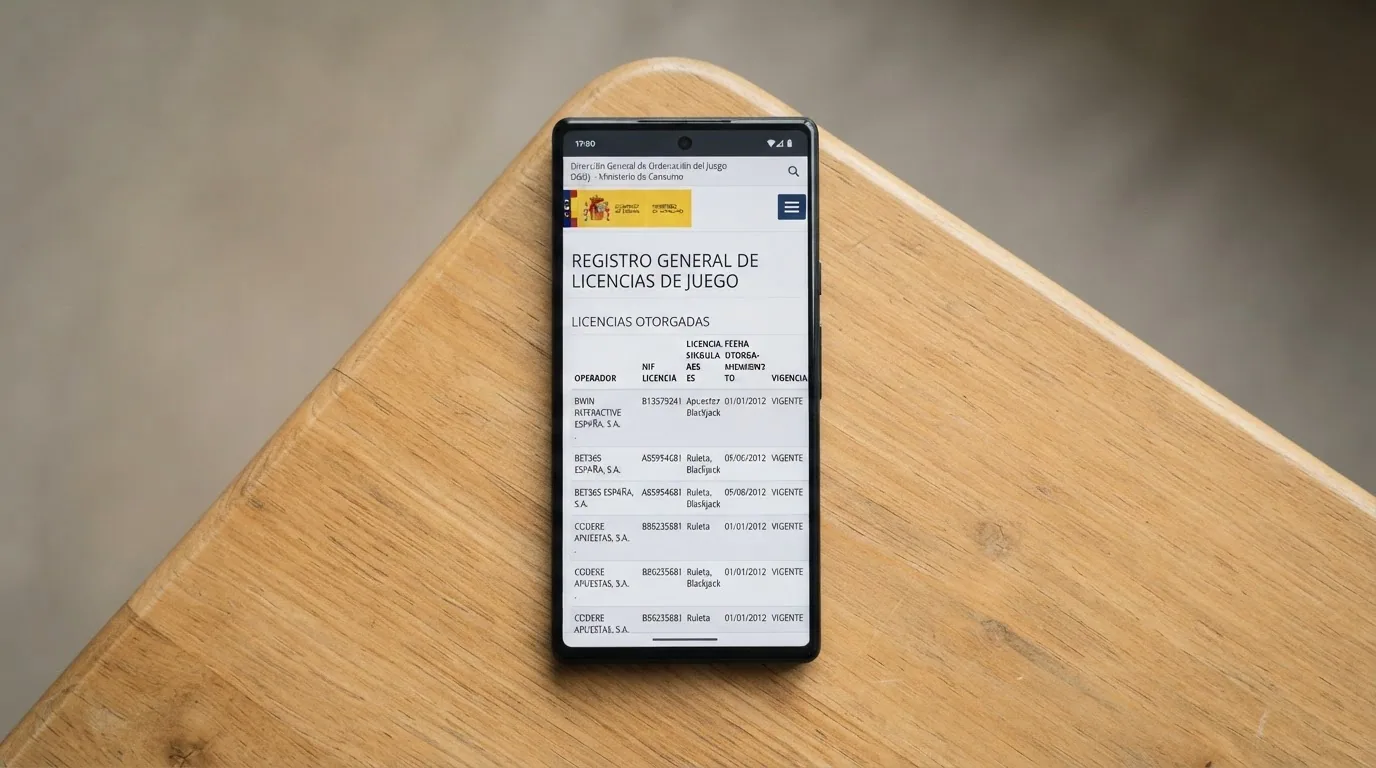 Pantalla de móvil con la web ordenacionjuego.es mostrando el registro público de operadores con licencia de la DGOJ