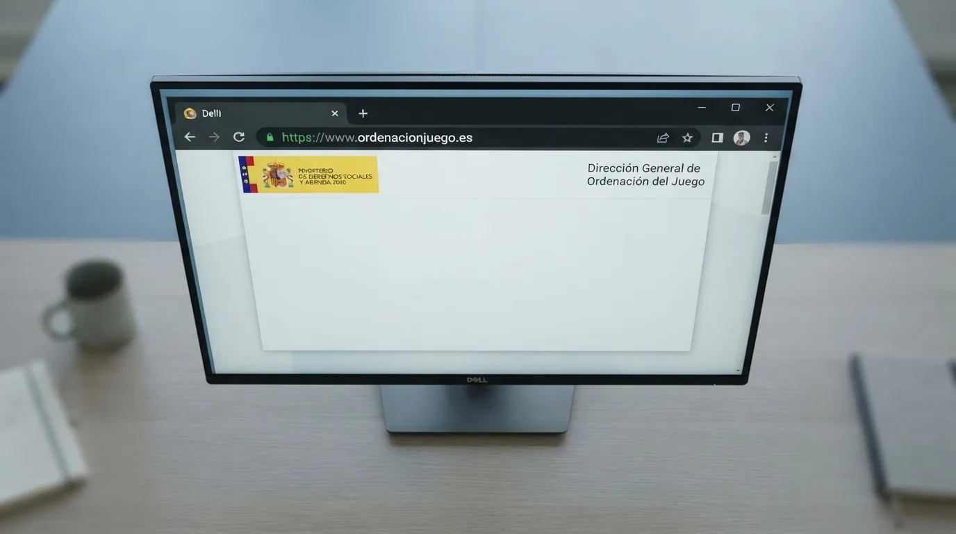 Primer plano de la barra de direcciones de un navegador mostrando un dominio .es y el candado de seguridad junto a logos oficiales de la DGOJ