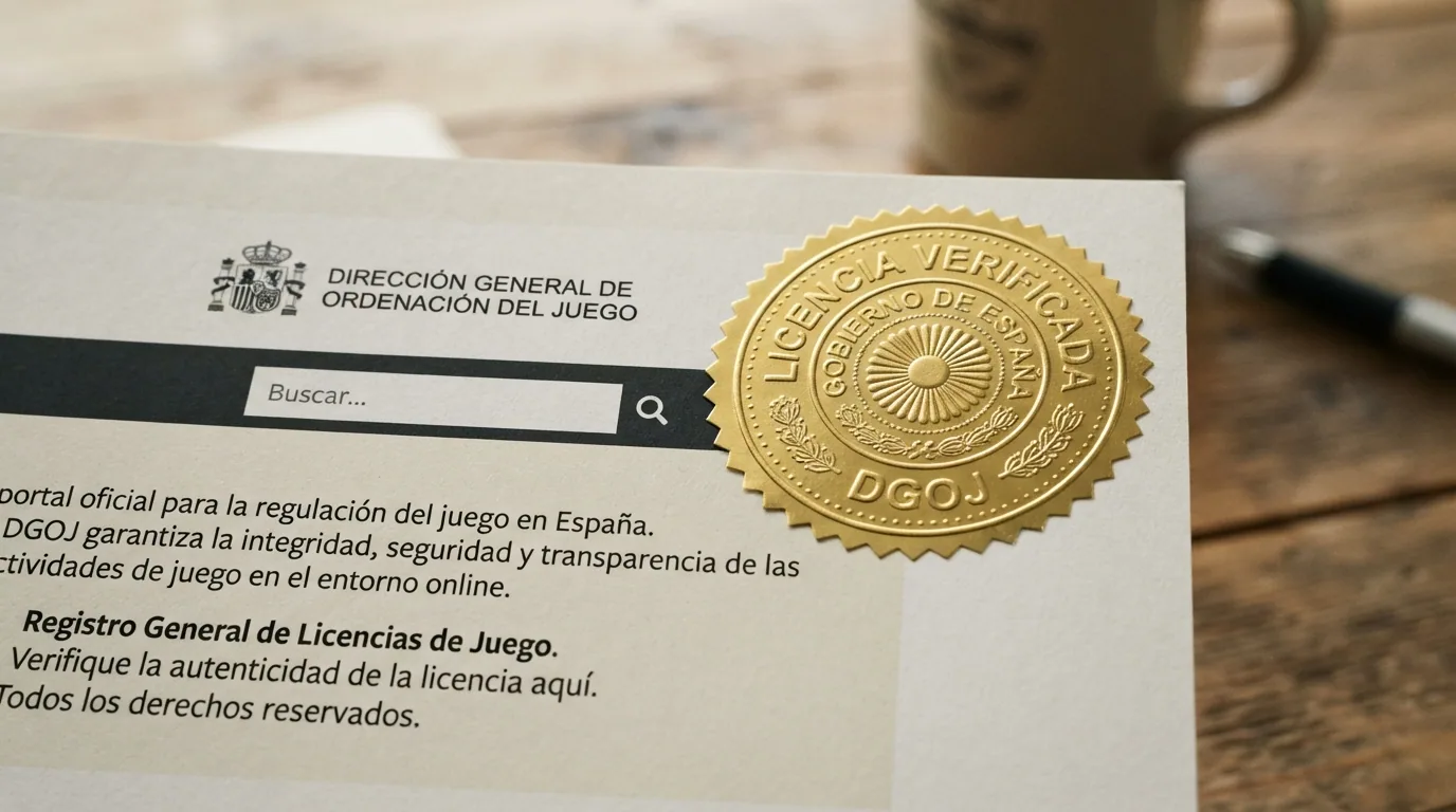 Primer plano del sello de Juego Seguro de la DGOJ sobre el fondo de la página de ordenacionjuego.es con el buscador de operadores.