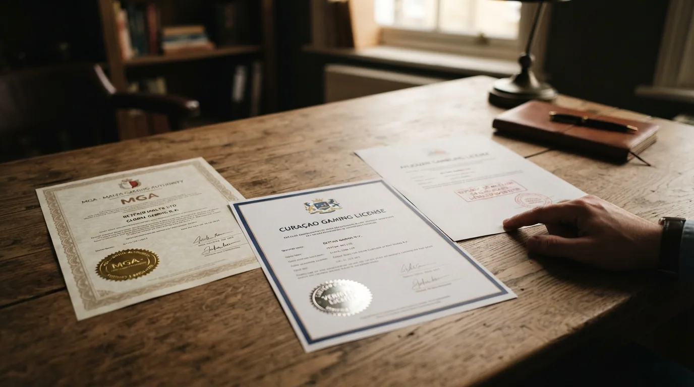Primer plano de tres documentos de licencia sobre una mesa: MGA con sello dorado, Curaçao con sello plateado y Anjouan con un sello más sencillo
