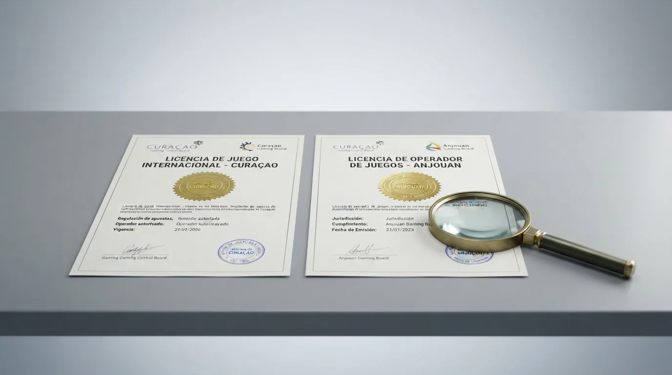 Documentos oficiales de licencia de Curaçao y Anjouan junto a un extracto de la Ley 13/2011 española