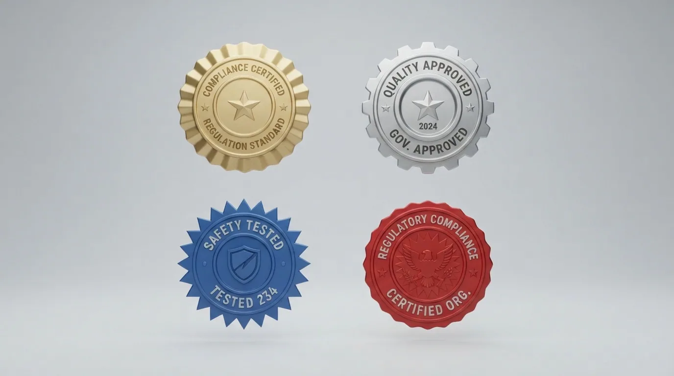 Cuatro escudos o sellos regulatorios (DGOJ, MGA, UKGC, Curaçao) dispuestos en una cuadrícula con una balanza en el centro