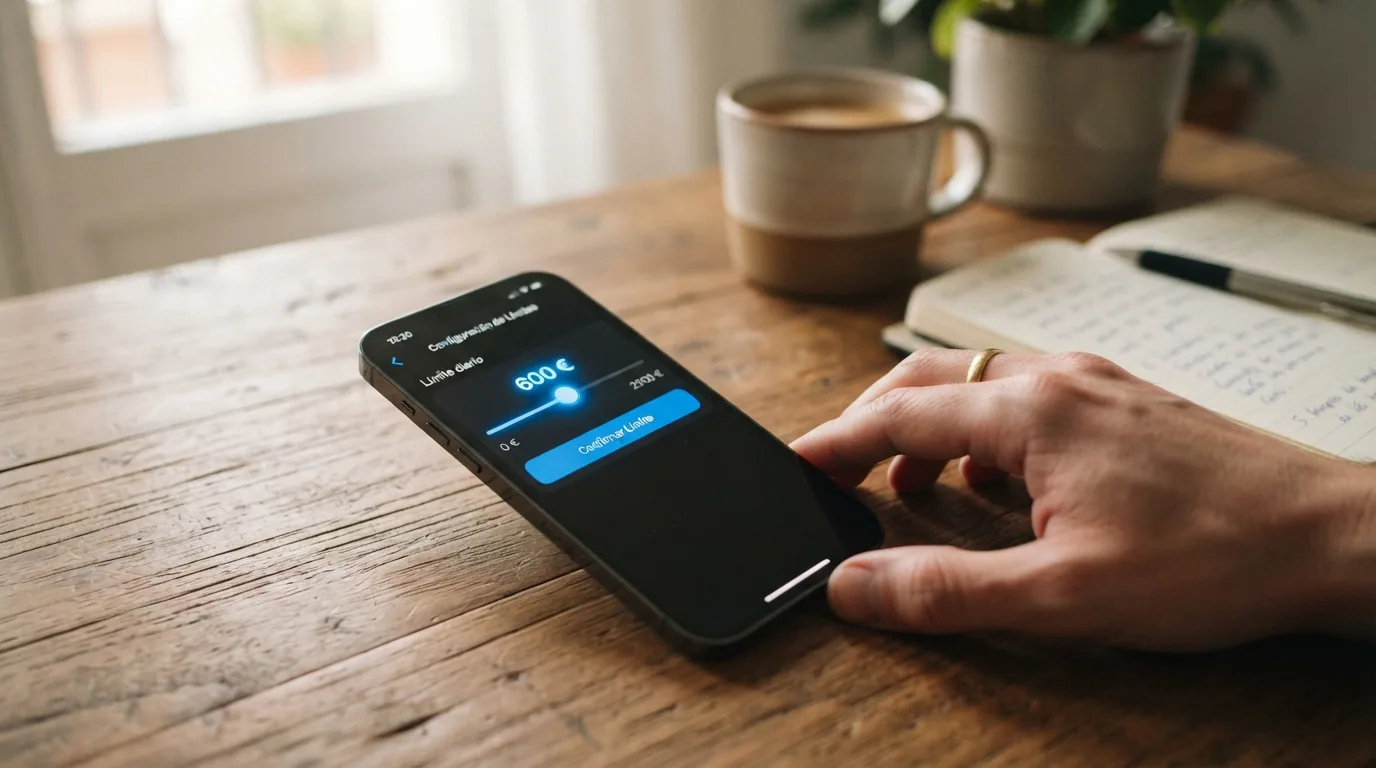 Pantalla de configuración de límites de depósito dentro de una app de casino con licencia DGOJ, con los controles deslizables de límite diario, semanal y mensual