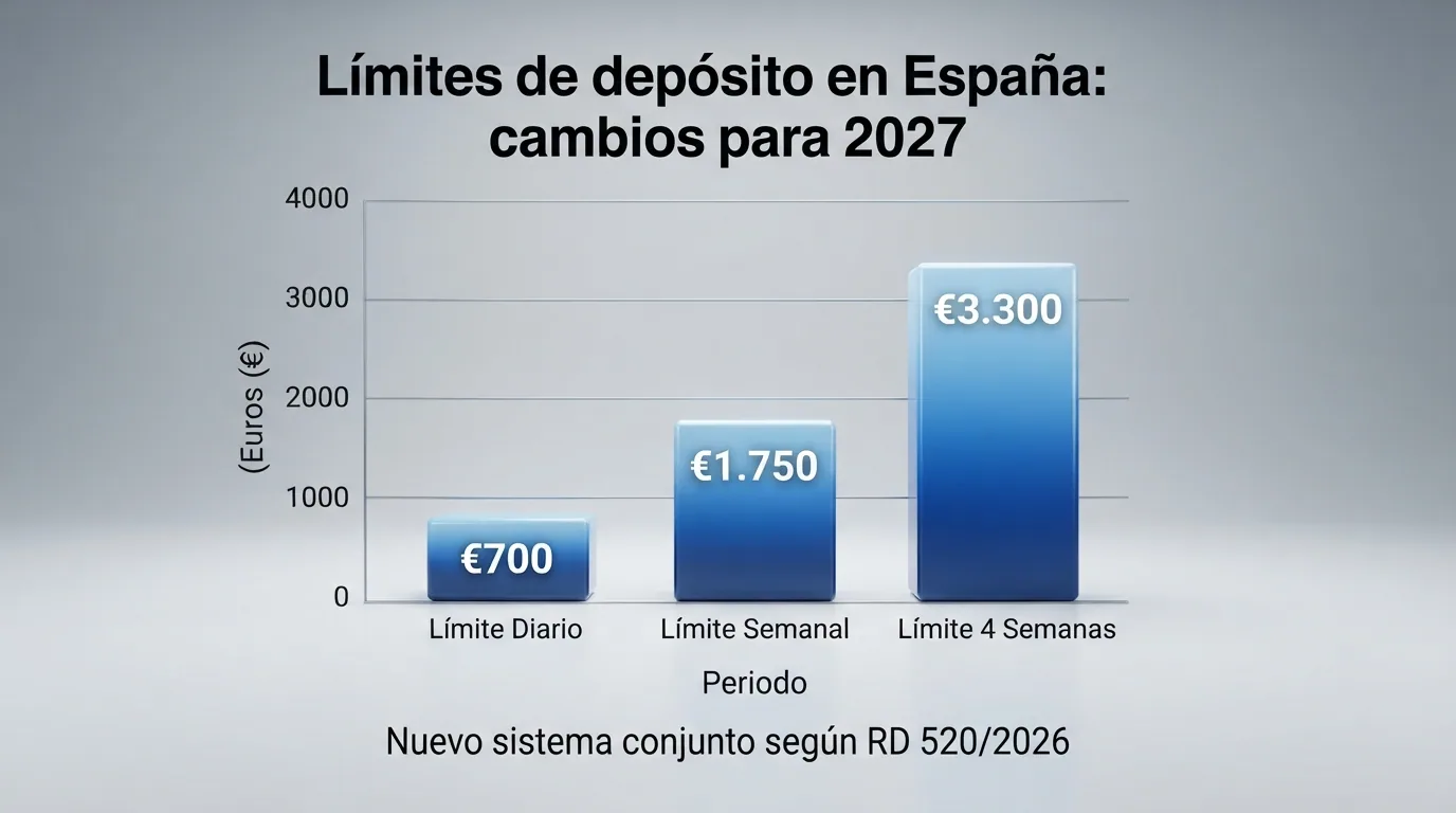 Infografía con los límites de depósito actuales por operador y los límites conjuntos previstos para 2027 en el mercado español