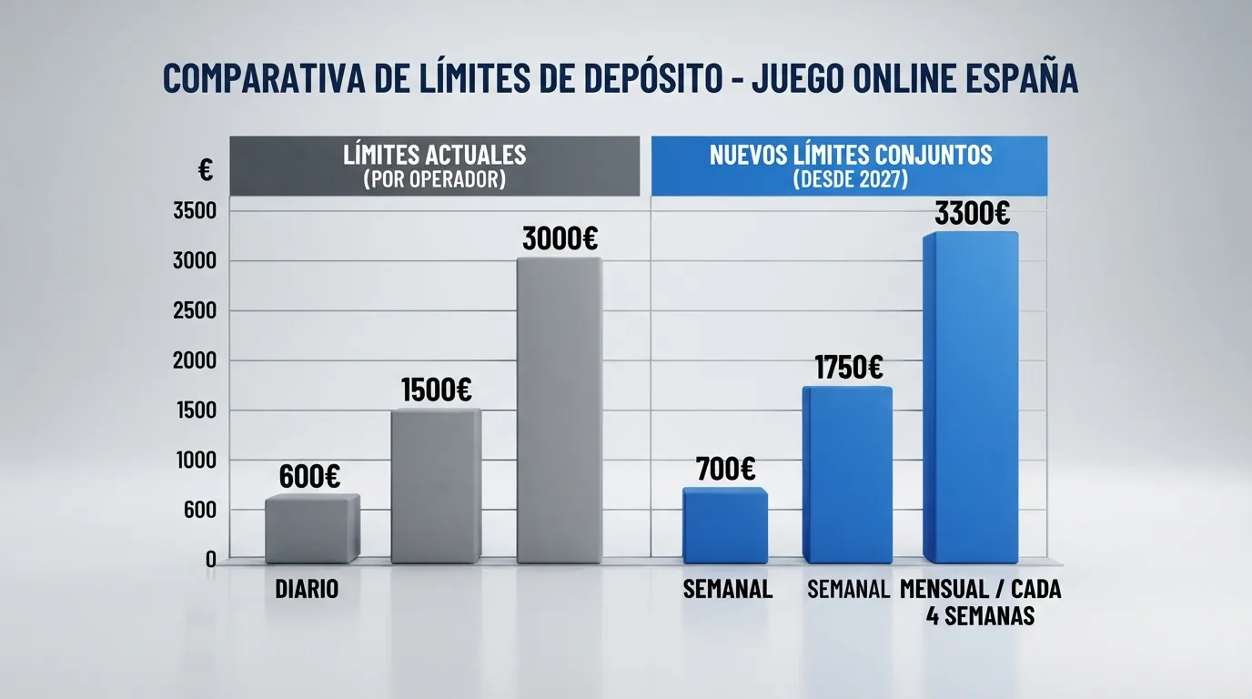 Gráfico de barras comparativo con dos columnas: los límites actuales por operador (600 €/día, 1.500 €/semana, 3.000 €/mes) y los nuevos límites conjuntos de 2027 (700 €/día, 1.750 €/semana, 3.300 €/4 semanas).