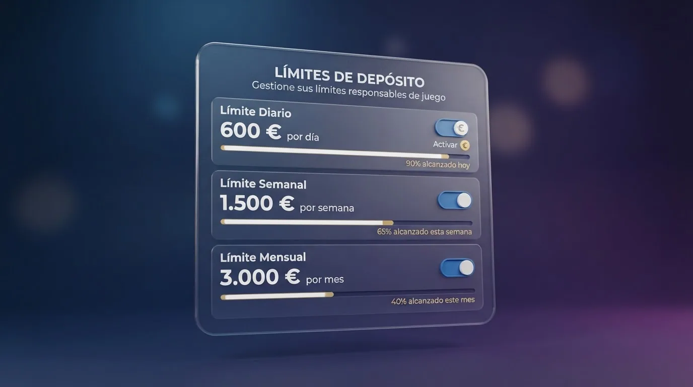 Panel de control de límites de depósito en un casino online español con los tres umbrales: 600 euros diarios, 1.500 euros semanales y 3.000 euros mensuales