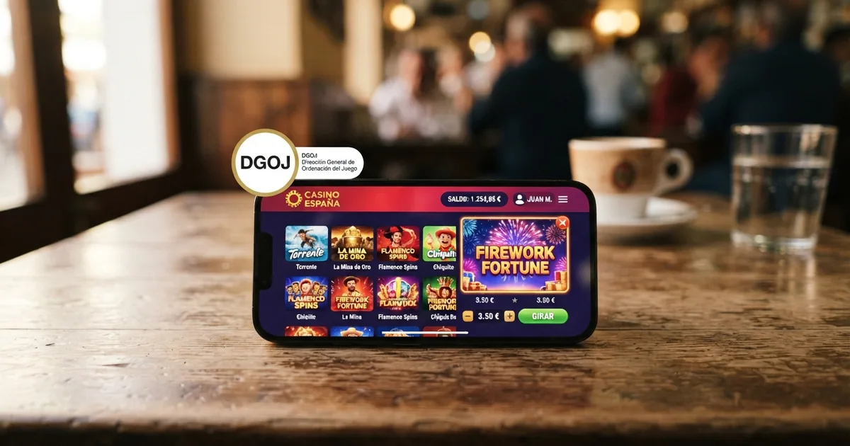 Pantalla de un teléfono móvil mostrando la interfaz de un casino online con licencia DGOJ, con saldo en euros visible y varios juegos destacados en la pantalla de inicio