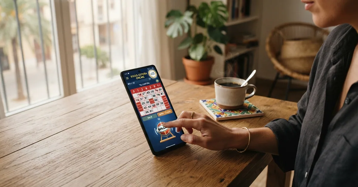 Pantalla de un casino de bingo online español con cartones virtuales, bombo de extracción y el logo de la DGOJ visible en el pie de la página