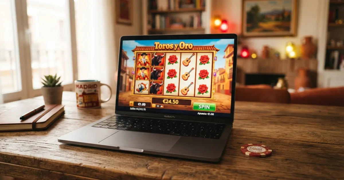 Collage de tragamonedas online populares con fichas de casino, carretes iluminados y la bandera de España en contexto de juego regulado