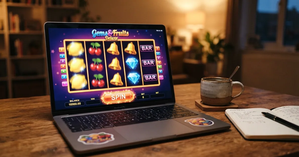 Pantalla de ordenador mostrando los carretes de una tragaperras online con gráficos de colores, símbolos de frutas y el botón de tirada en primer plano