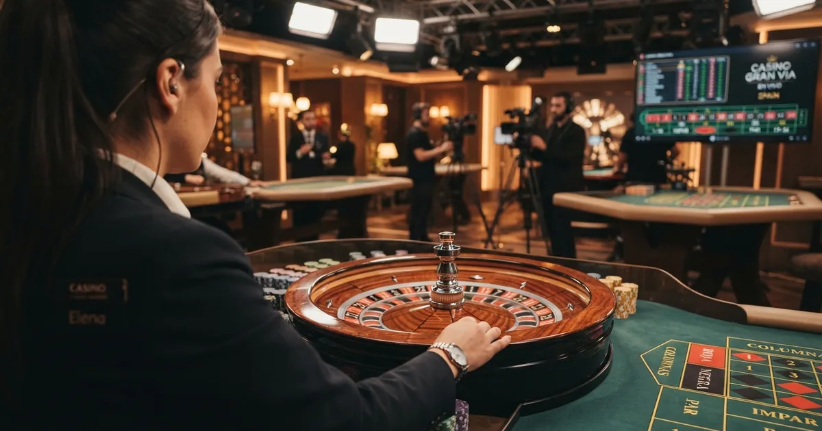 Crupier real con uniforme de casino girando una ruleta en vivo desde un estudio de emisión profesional con iluminación de set de televisión