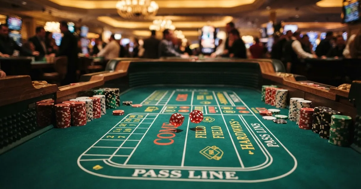 Mesa de craps de casino con tapete verde, dados rojos en primer plano y fichas apiladas a los lados