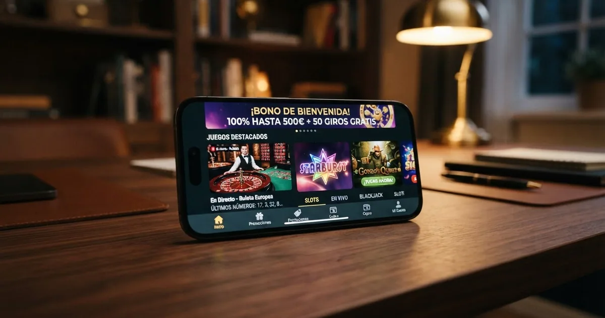 Pantalla de inicio de un casino online internacional con interfaz en español mostrando el vestíbulo de juegos, el bono de bienvenida y el sello de licencia en el pie de página