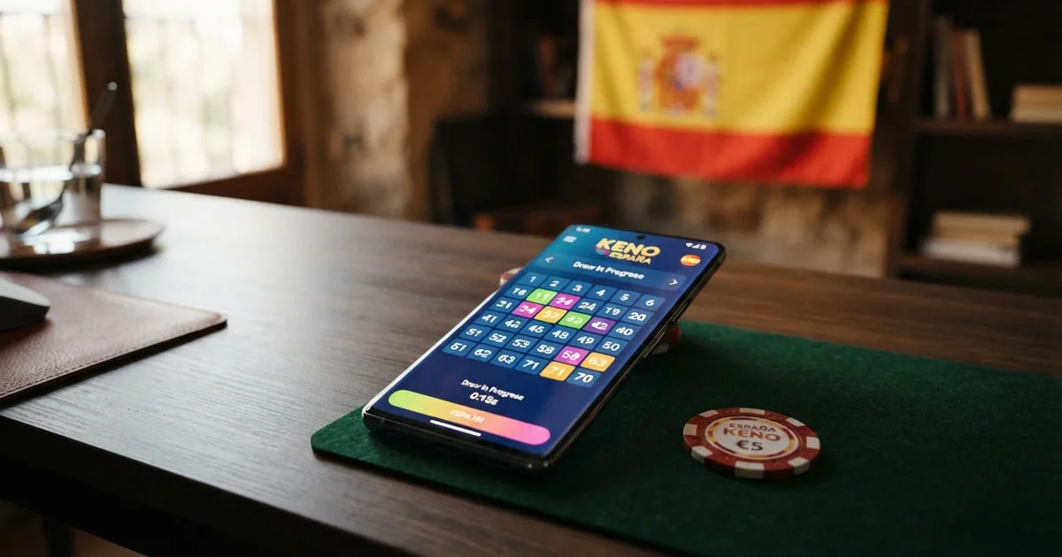 Panel con fichas de casino, una cuadrícula de keno con números marcados y el logotipo de la DGOJ en pantalla, sobre fondo azul corporativo