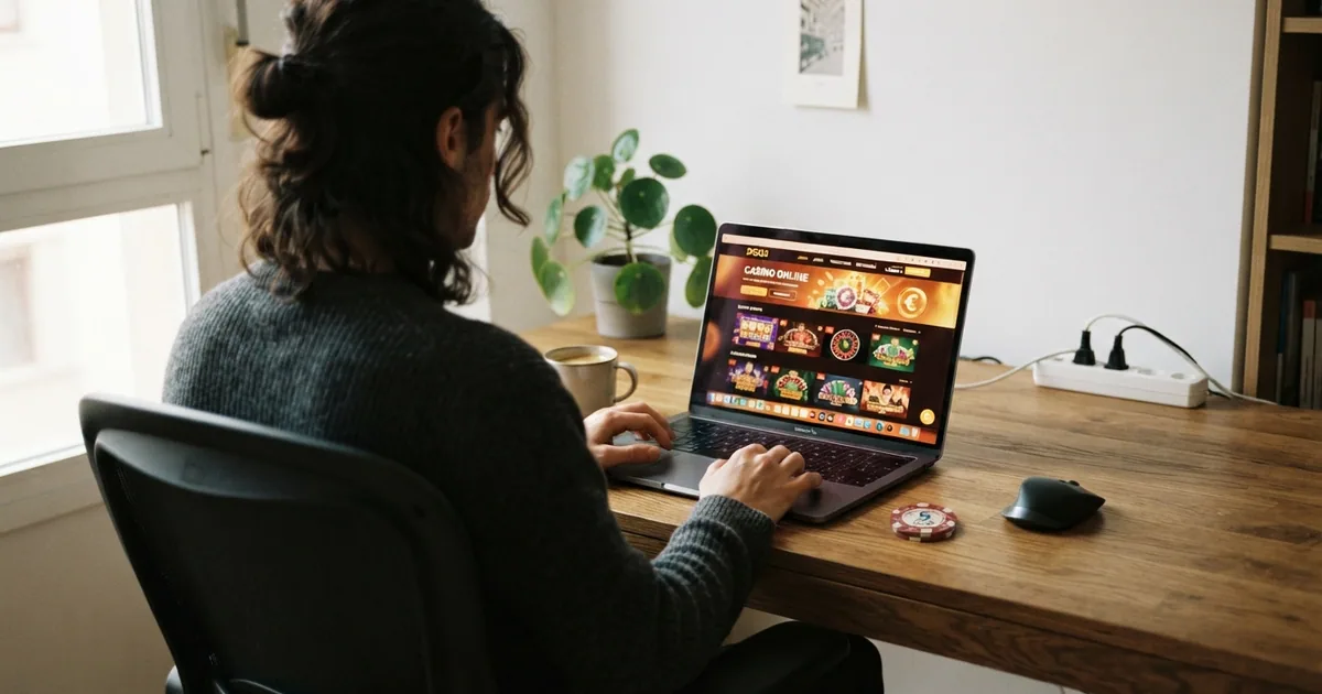 Jugador consultando un casino online con dinero real desde un ordenador portátil, con la pantalla mostrando la interfaz de un lobby de juegos con licencia DGOJ
