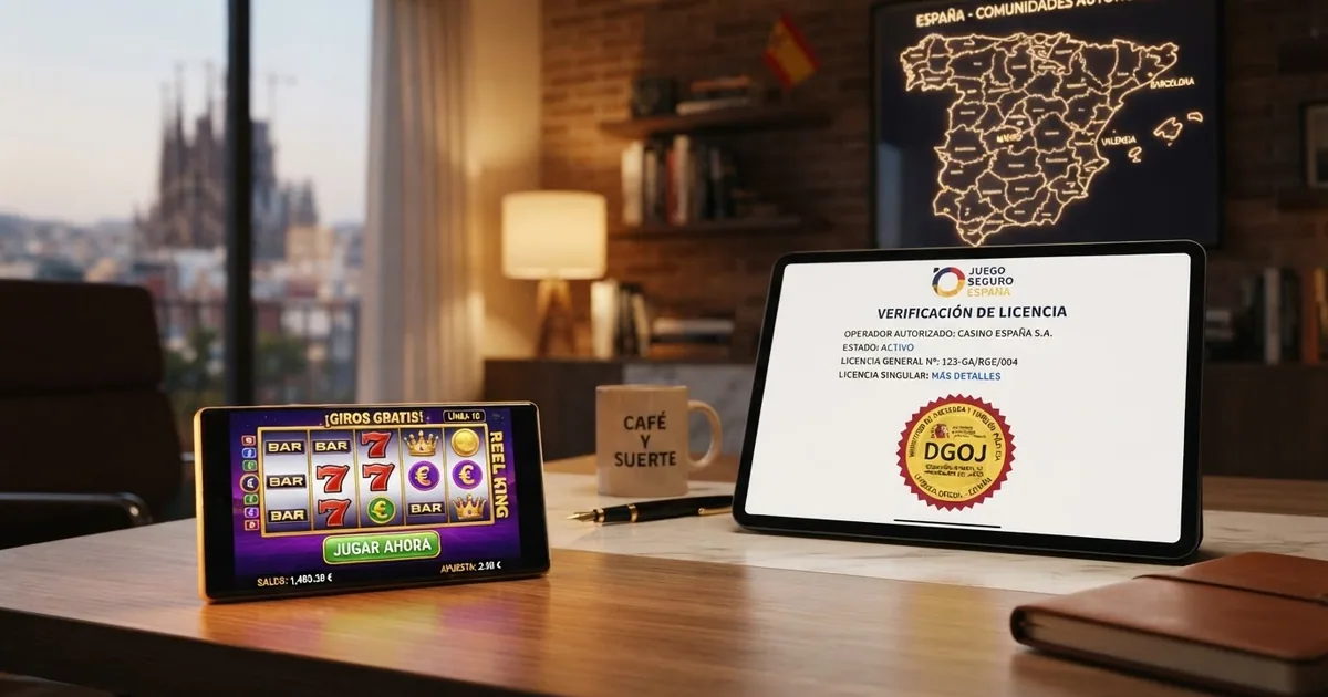 Panel de control con gráficos de crecimiento del juego online español, una pantalla mostrando un casino con licencia DGOJ y un mapa de España con los operadores regulados