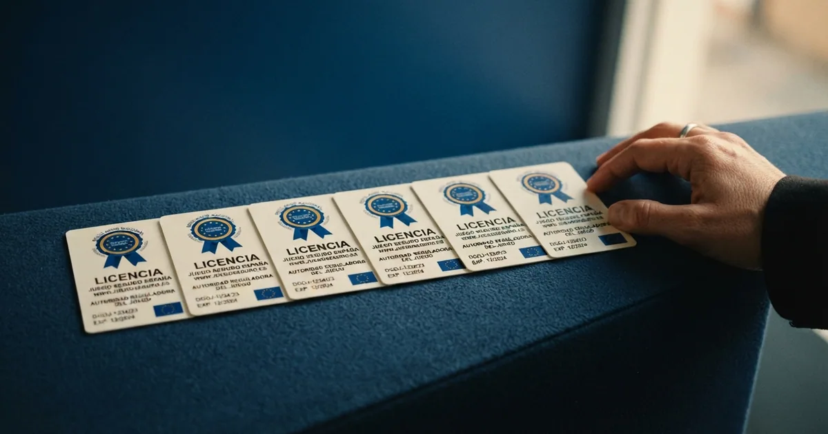 Fila de tarjetas de licencia DGOJ sobre un fondo azul institucional con el dominio .es visible en cada una