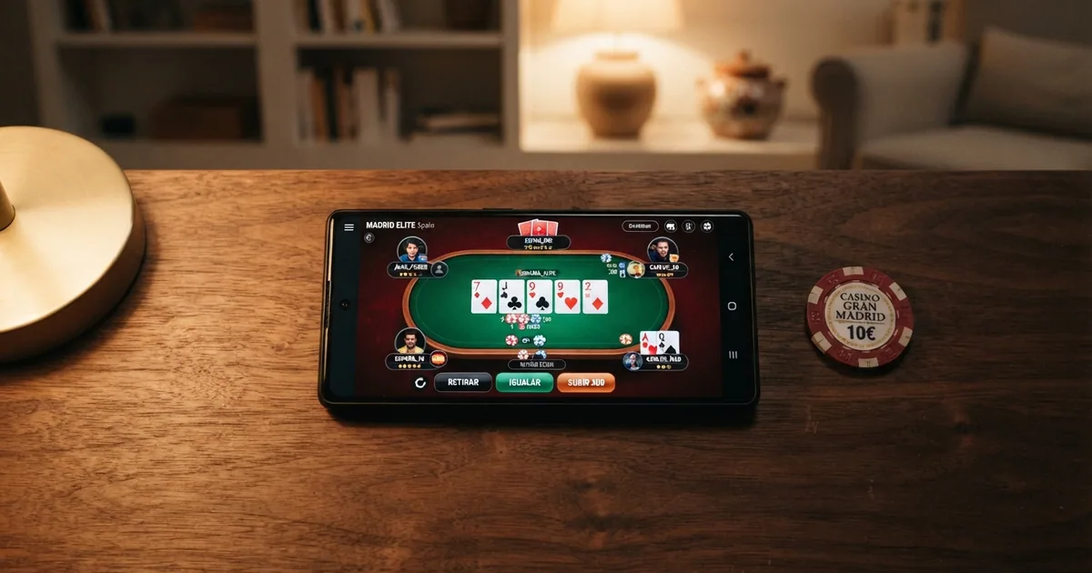 Interfaz de una mesa de poker online en un casino con licencia DGOJ en España, con fichas, cartas y controles de apuesta visibles