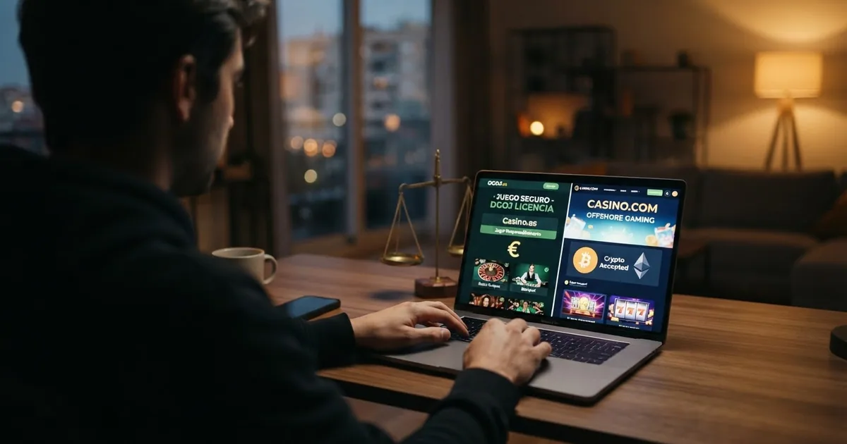Pantalla dividida que muestra a la izquierda la interfaz de un casino con licencia DGOJ (dominio .es, logotipo de juego seguro) y a la derecha un casino offshore sin licencia (dominio genérico, sin distintivo DGOJ), con una balanza inclinada en el centro.