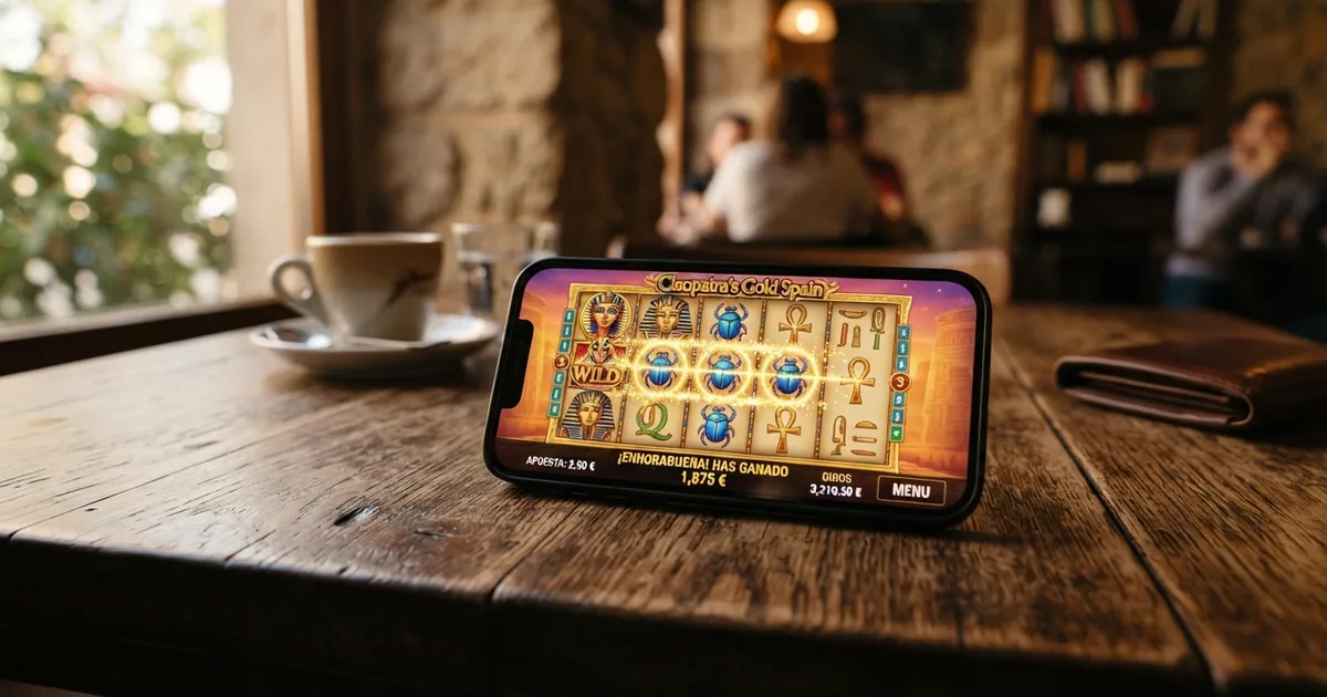 Pantalla de inicio de un casino online español con una cuadrícula de slots populares: Book of Dead, Starburst, Gates of Olympus y Sweet Bonanza visibles en miniatura