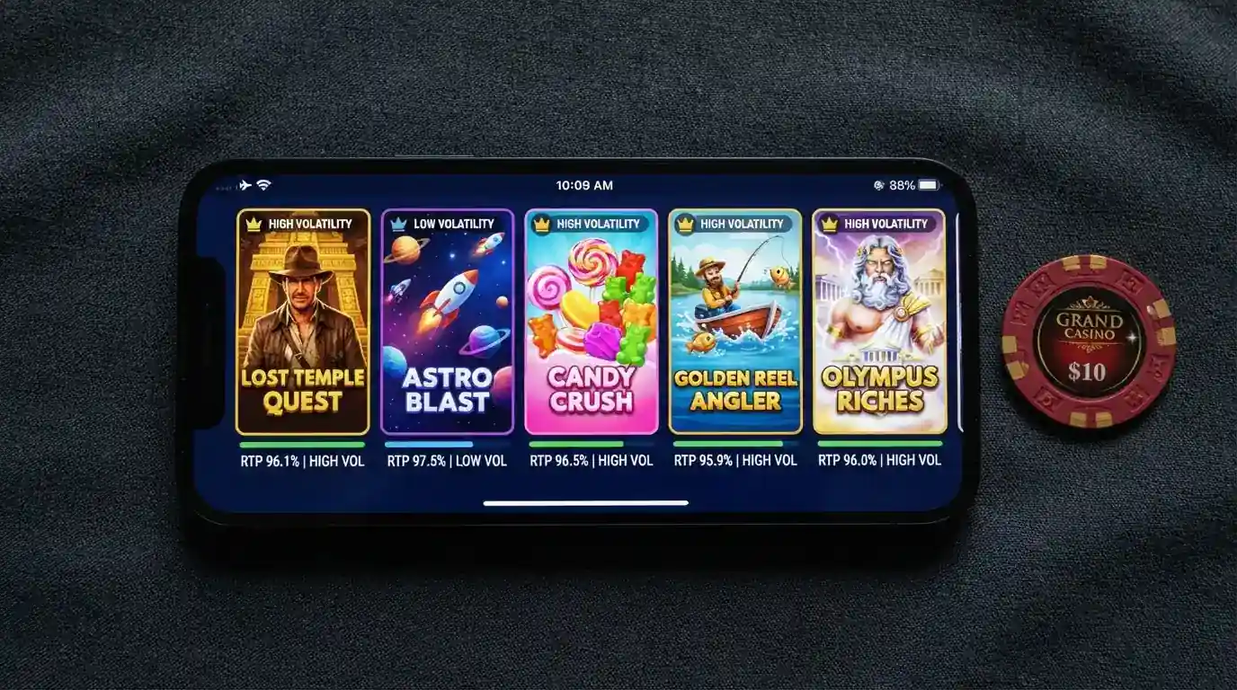 Las cinco carátulas de las slots analizadas (Book of Dead, Starburst, Sweet Bonanza, Big Bass Bonanza, Gates of Olympus) alineadas en la pantalla de un iPhone
