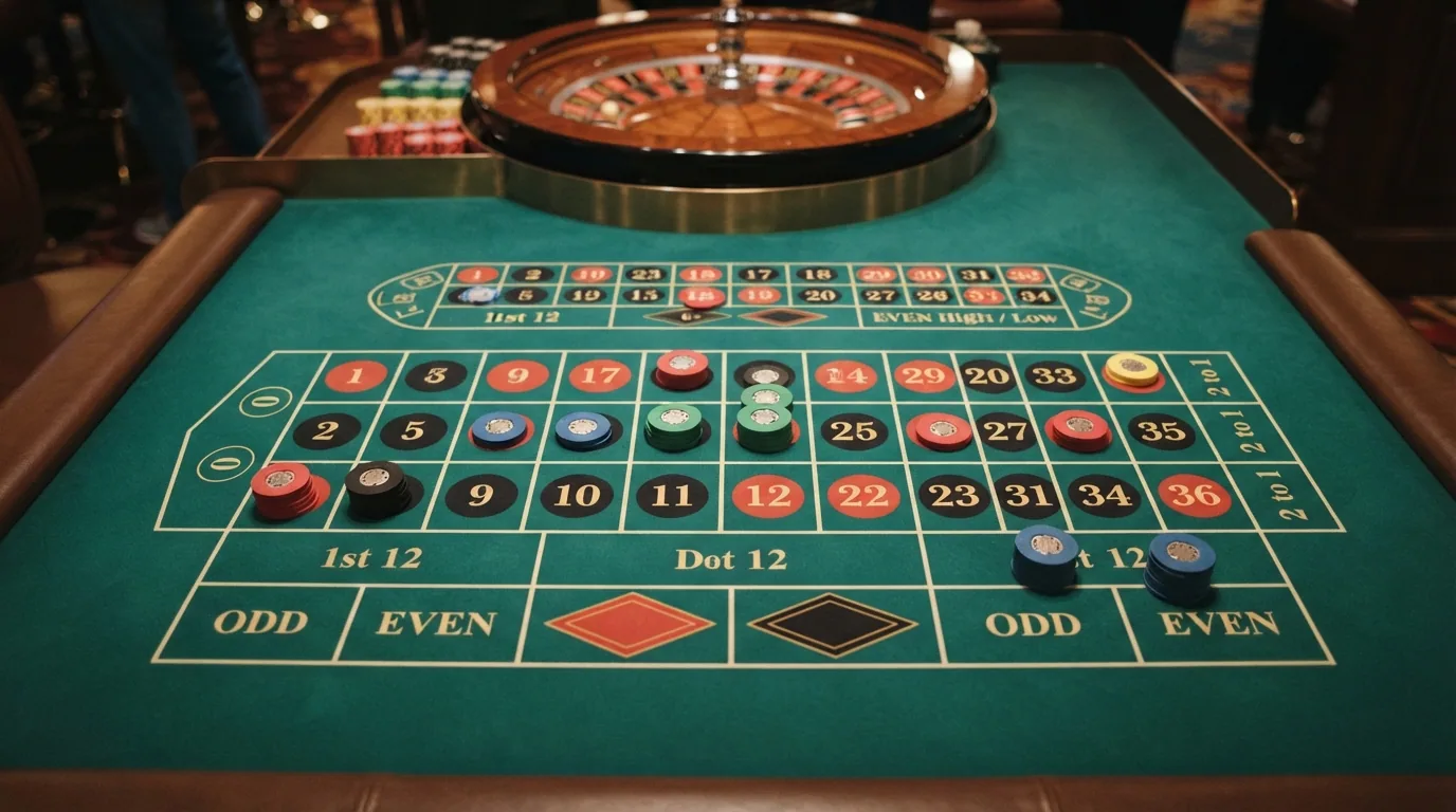 Vista cenital de un tapete de ruleta con fichas colocadas sobre distintas apuestas: pleno, caballo, calle y suertes sencillas