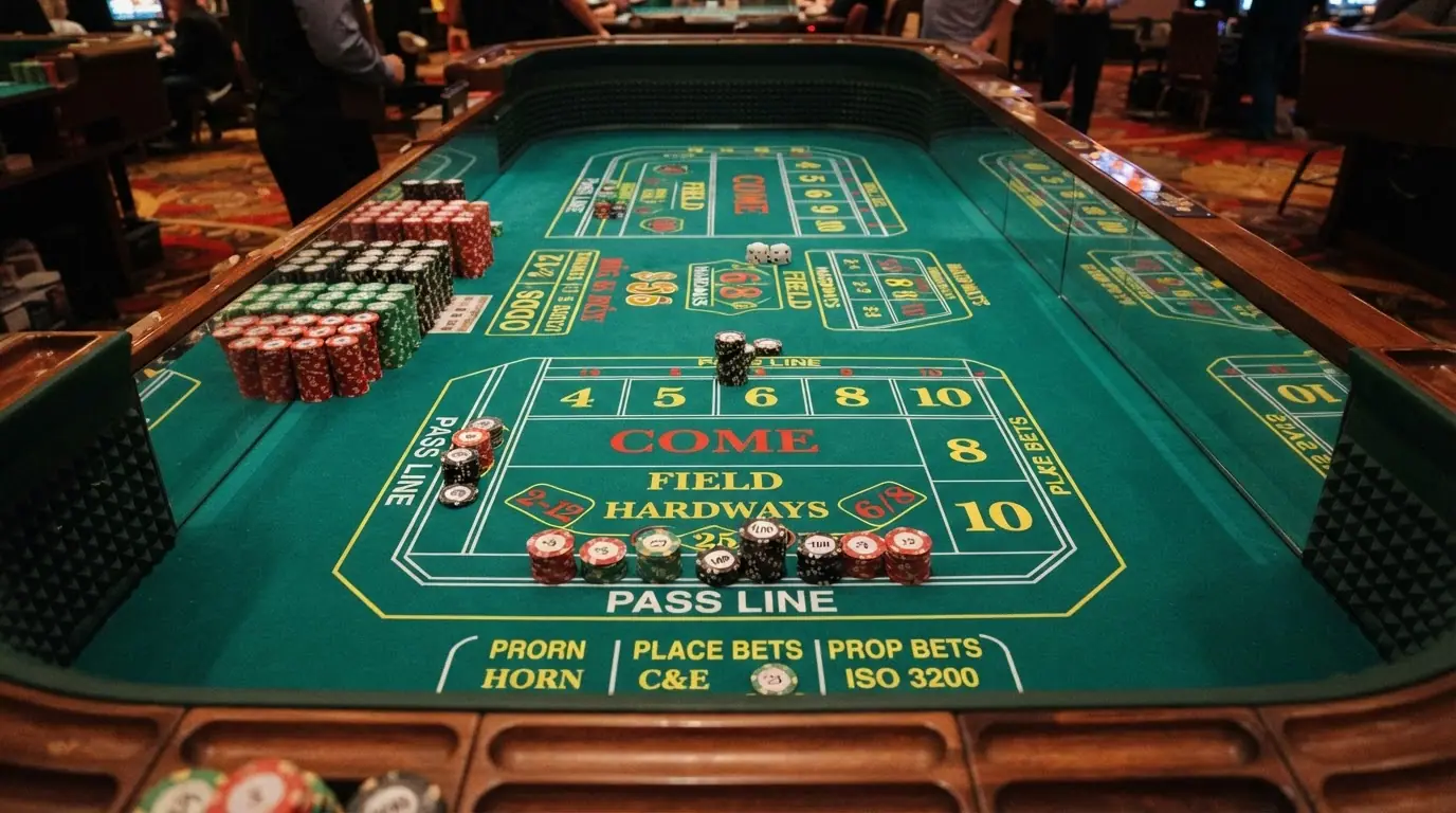 Plano picado del paño de craps con las áreas de postura numeradas y piezas de colores situadas sobre las franjas principales