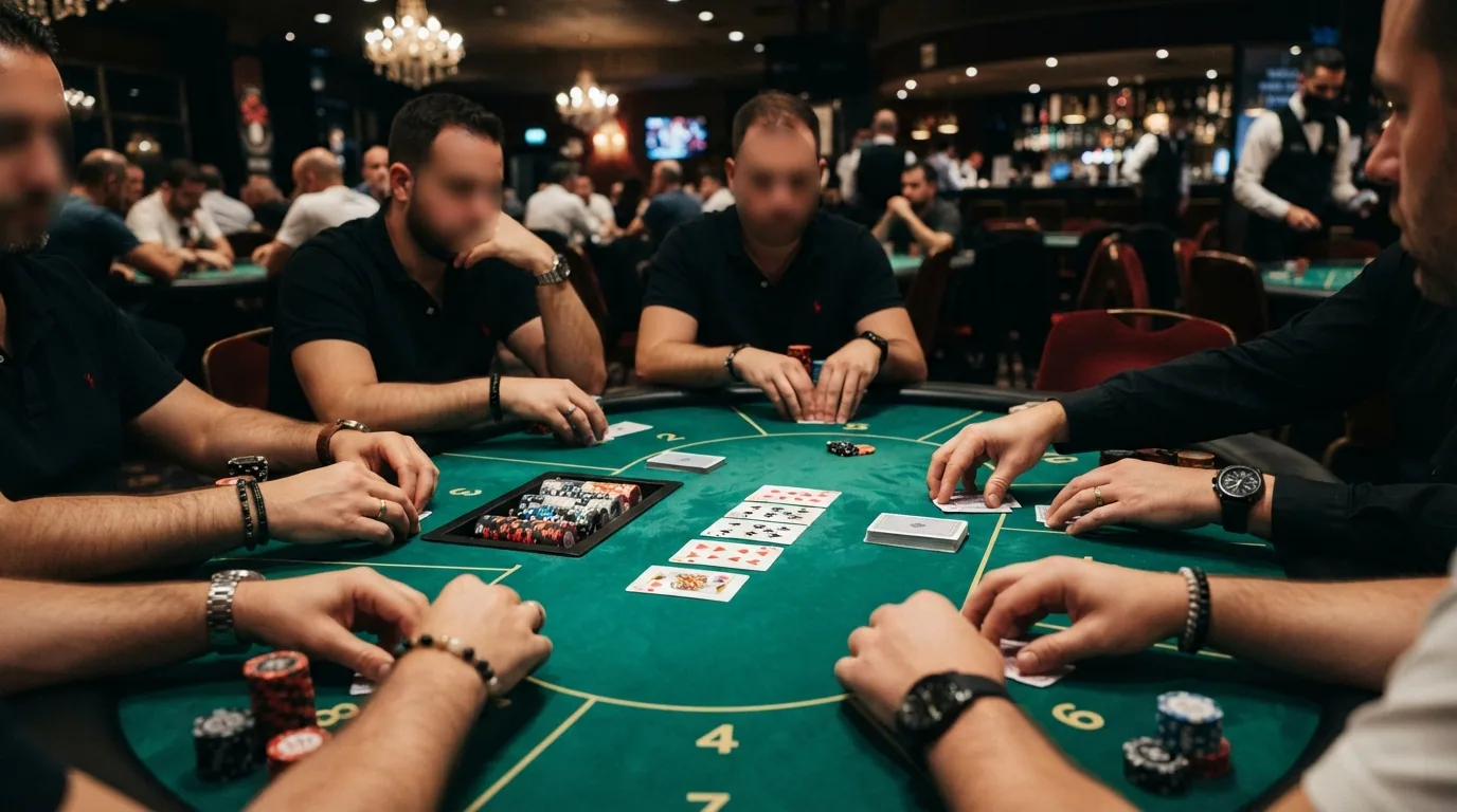 Vista de la sala de poker del Casino Barcelona con varias mesas activas y jugadores en plena mano