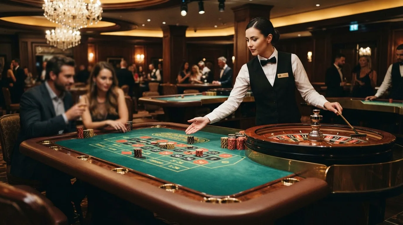 Mesa de ruleta en vivo con iluminación dorada, paño de juego premium y un crupier atendiendo a un número reducido de jugadores conectados